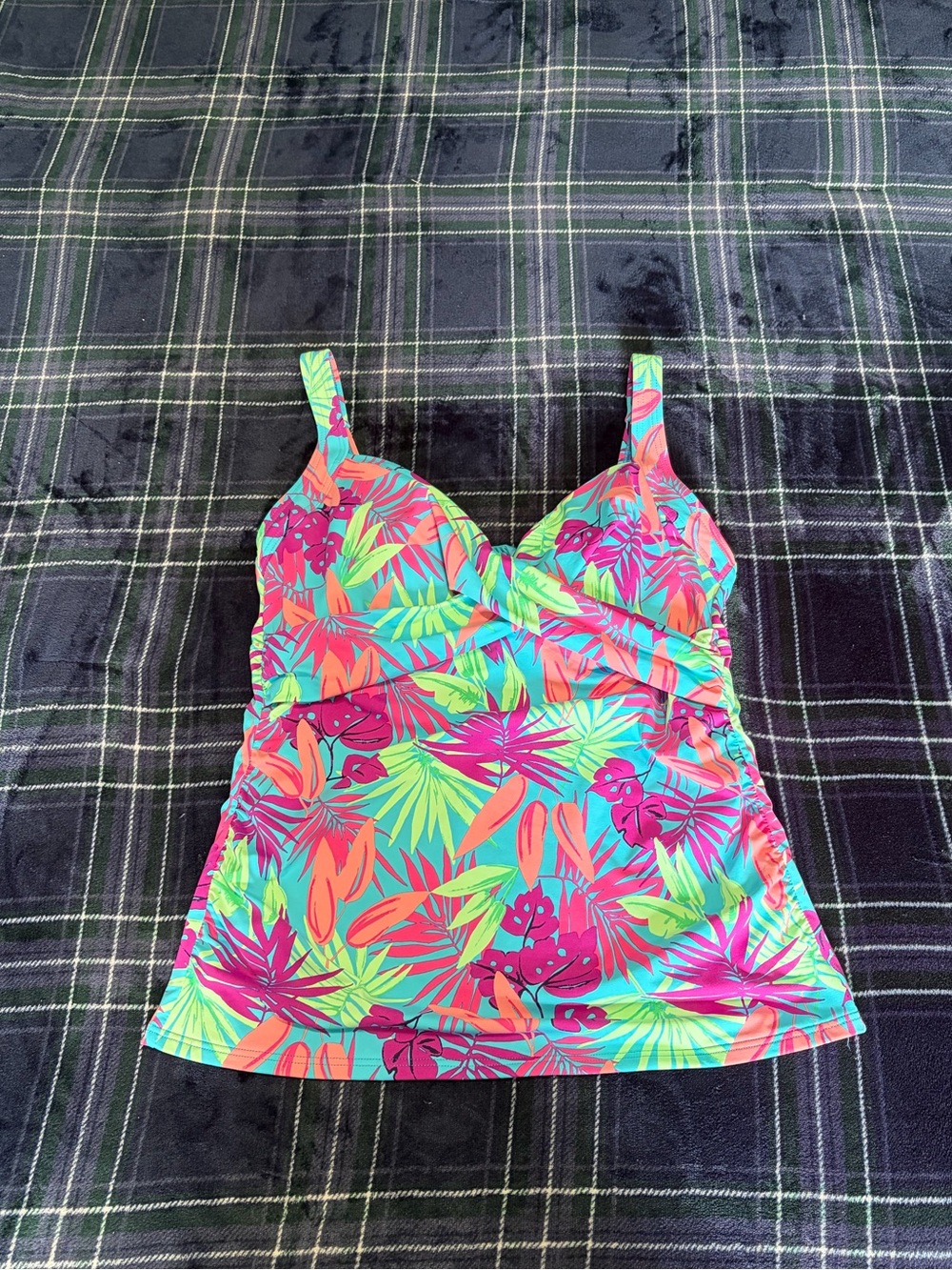 Lands' End tropical print tankini swimsuit top w/palm leaves&flowers. Size 8